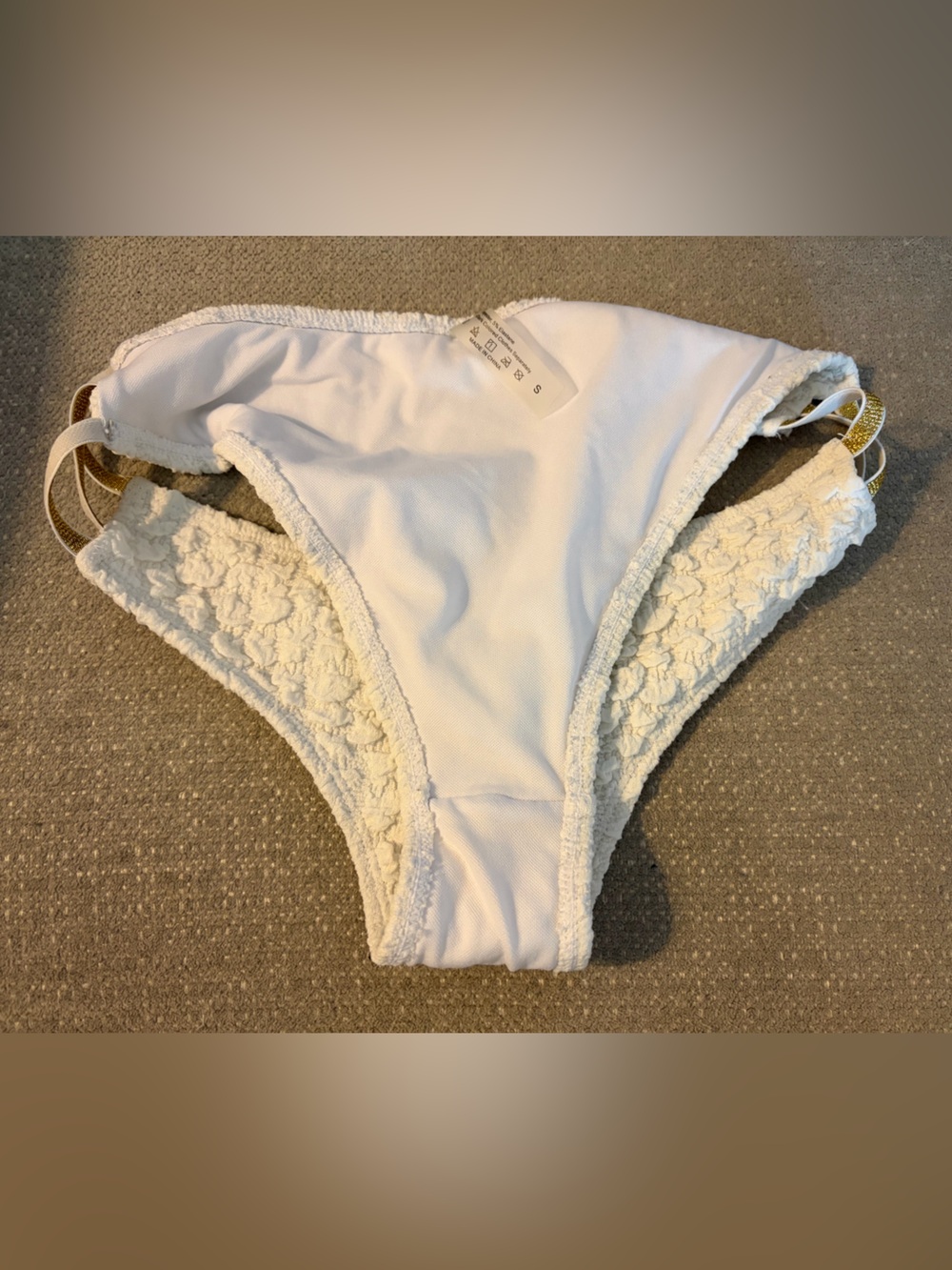 White Textured women’s Bikini Bottom with Gold Accent Straps - Picture 8 of 8
